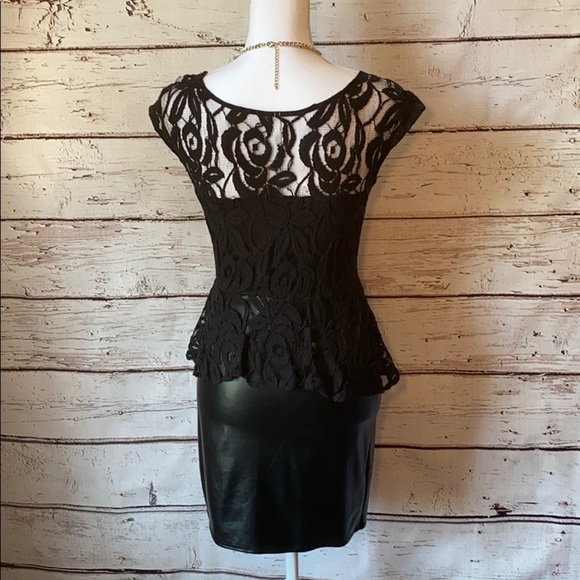 Black lace top faux leather Peplum Dress Medium - Picture 6 of 12